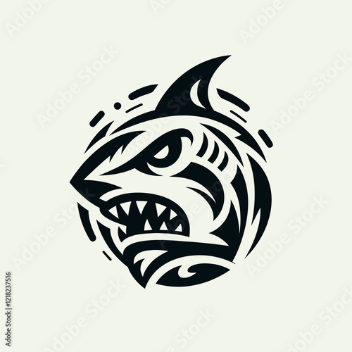A fierce shark face logo crafted from stylized tribal fragments, blending simplicity, elegance, and modern aesthetics.