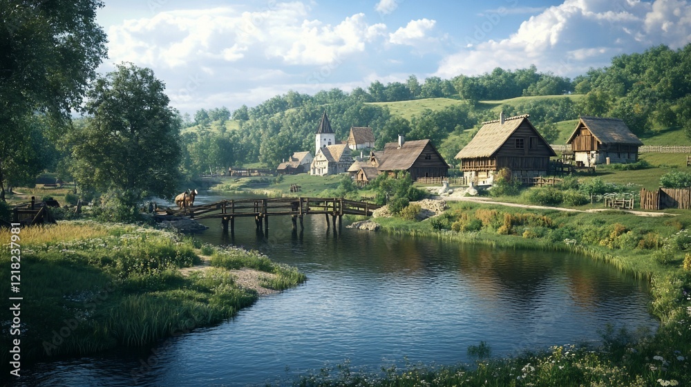 Picturesque River Village: Tranquil Lakeside Settlement with Wooden Houses and Lush Greenery Picturesque River Village: Tranquil Lakeside Settlement with Wooden Houses and Lush Greenery