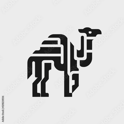 Stylized black camel icon with geometric design elements.