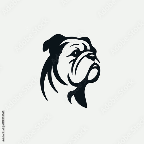 Black and white illustration of a bulldog's head with a wrinkled face.