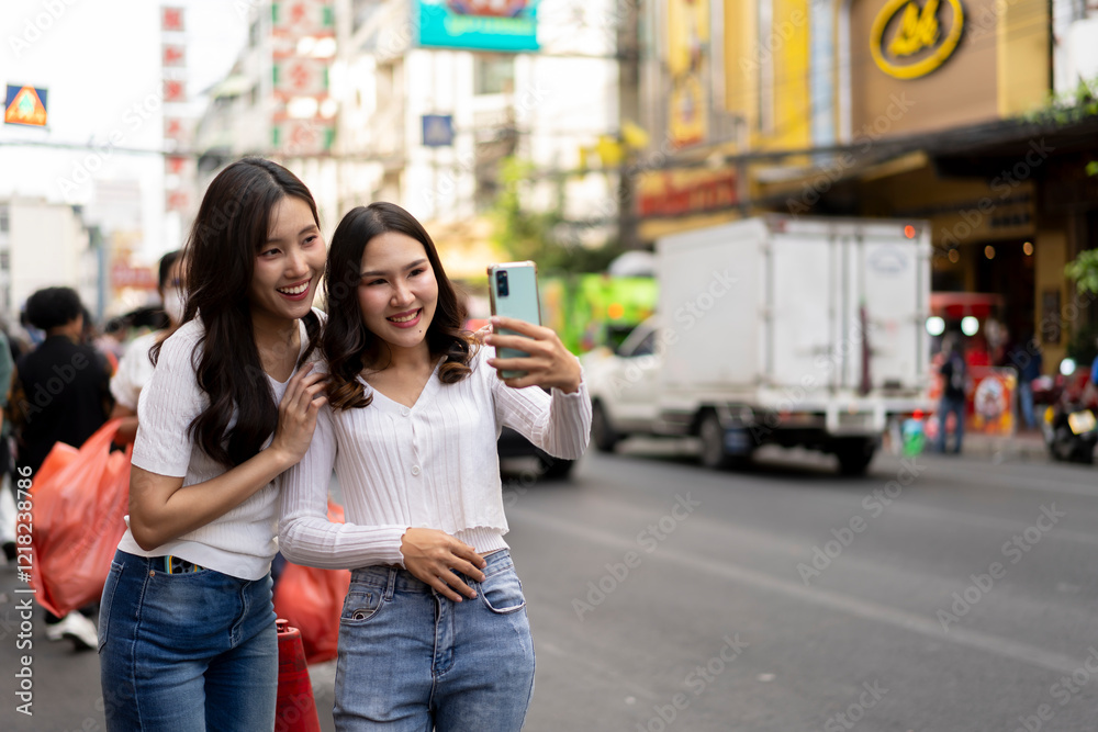 Two Young Women use smartphone to taking a photo on Bustling street Two Young Women use smartphone to taking a photo on Bustling street