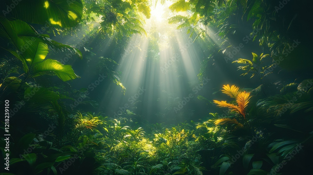 Obraz premium Sunbeams Illuminating Lush Rainforest Canopy
