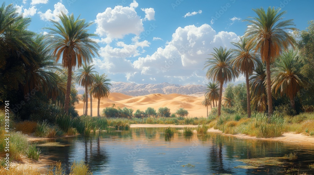 Obraz premium Tranquility Found: Remote Desert Oasis Amidst Arid Landscape
