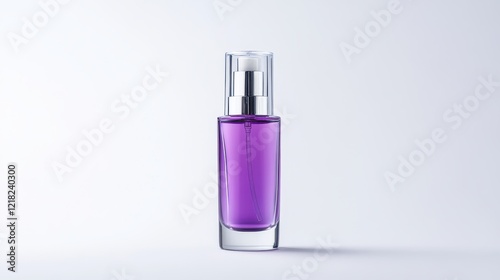 Elegant Purple Glass Bottle with Pump Top for Cosmetics and Skincare Products, Isolated on Simple Light Background for Product Display and Advertising Purposes