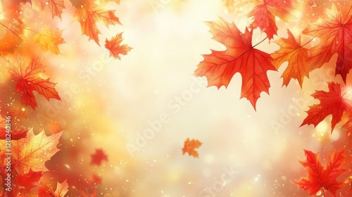 Vibrant Autumn Leaves Falling Against a Soft Golden Background with Sunlight and Bokeh Effects