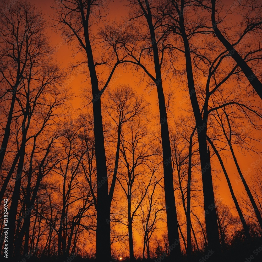 Silhouettes of trees against a vibrant orange sunset. Silhouettes of trees against a vibrant orange sunset.