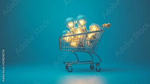 Shopping cart full of light bulbs isolated on blue background