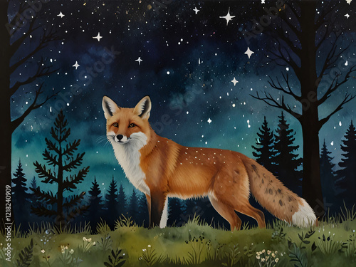 In the illustration, a fox roams a forest under the night sky. photo