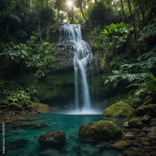 A crystal-clear waterfall in a tropical rainforest.