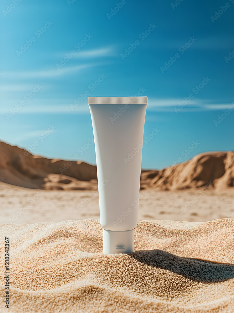 white tube of sunscreen stands on the sand in front of a blue sky, advertising a photographic style with high detail and sharpness. The background is a desert landscape white tube of sunscreen stands on the sand in front of a blue sky, advertising a photographic style with high detail and sharpness. The background is a desert landscape