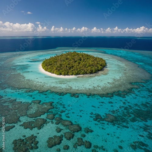 A secluded island with calm, turquoise water and vibrant coral reefs beneath the surface.