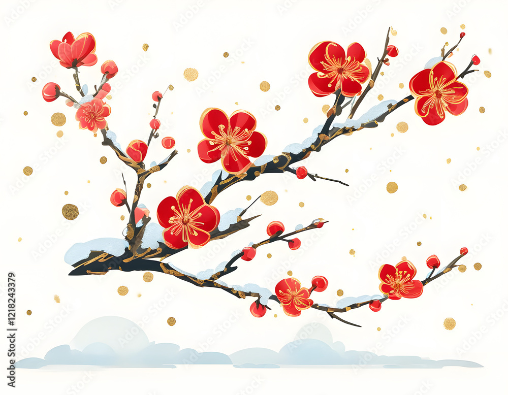 Pink Peach Blossom Branch With Snow Pink Peach Blossom Branch With Snow