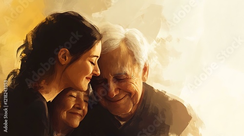 A woman taking care of her aging parents with a smile, symbolizing patience and gratitude