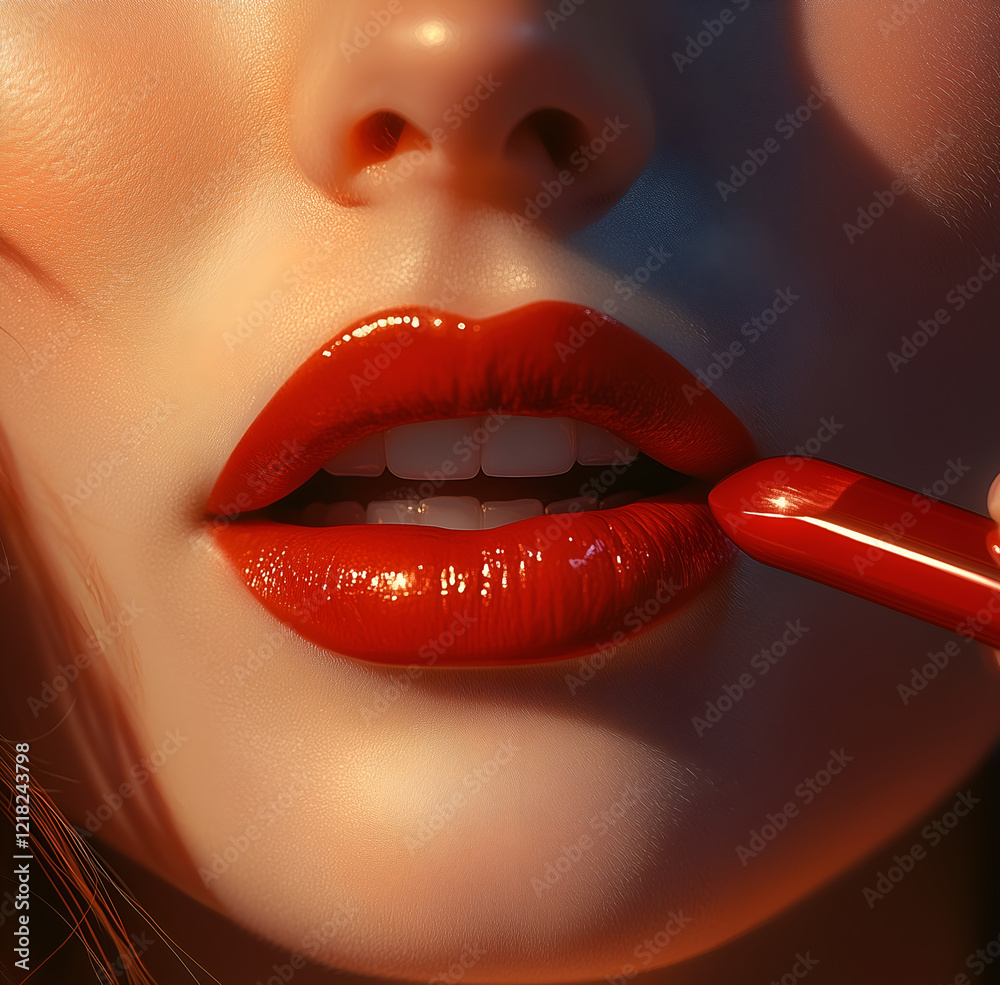 Obraz premium Close-up of a beautiful woman applying red lipstick