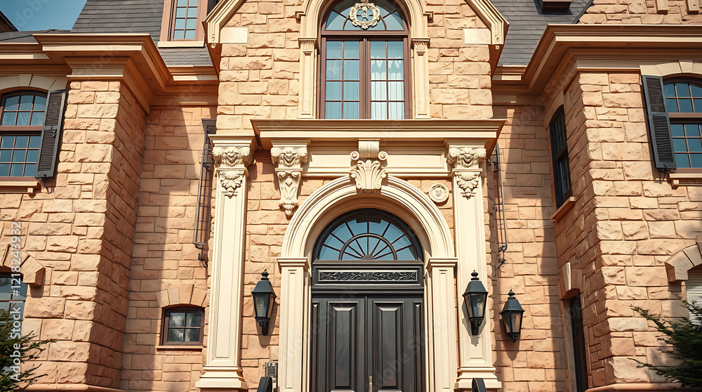 Obraz premium Majestic Stone Mansion: Architectural Grandeur and Classic Elegance. This stunning property showcases exquisite design, luxurious details, and timeless appeal.