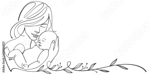 parent and baby, mom hugs the baby line art style vector illustration
