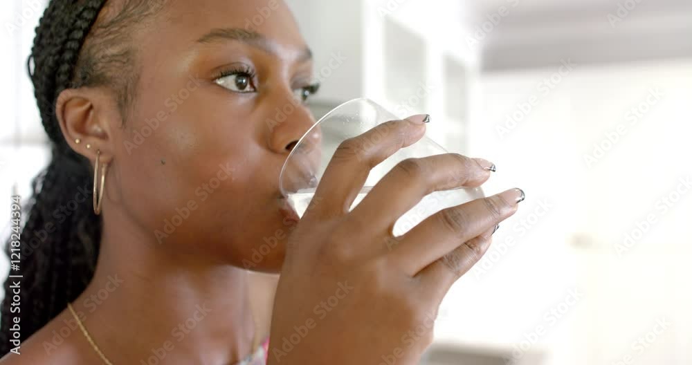 African American young woman drinking water from clear glass at home in the kitchen, at home African American young woman drinking water from clear glass at home in the kitchen, at home