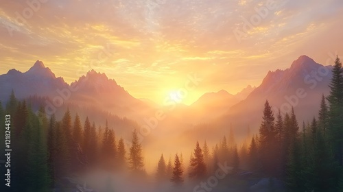 sunrise over the foggy mountains