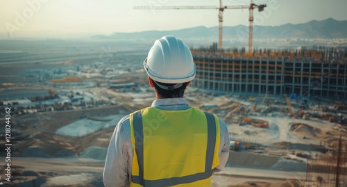 A young Middle Eastern male engineer wearing a white helmet and yellow vest, looking at the construction site of an industrial park in Saudi Arabia with a high-quality and wide-angle view.