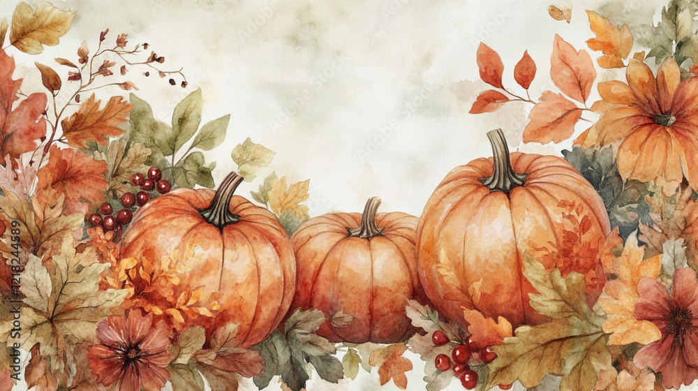 A colorful painting of pumpkins and leaves with watercolor background, Rustic pumpkin watercolor autumn still life for celebration design pattern, Modern watercolor set of autumn pumpkin. A colorful painting of pumpkins and leaves with watercolor background, Rustic pumpkin watercolor autumn still life for celebration design pattern, Modern watercolor set of autumn pumpkin.