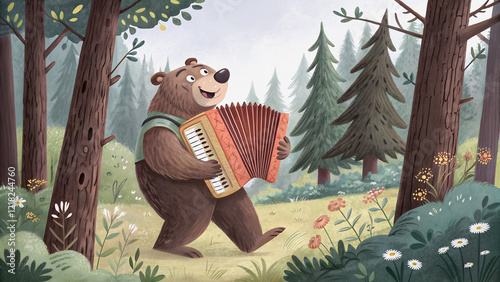 A cheerful bear serenades the forest with a lively accordion.Forest floor bathed in dappled sunlight as a bear plays a joyful tune.