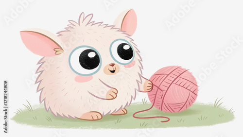 A fluffy, light pink creature with large eyes, engrossed in a ball of pink yarn.Playful creature with a ball of yarn, ready to create.