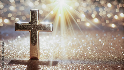 A golden cross, bathed in radiant light, stands on a bed of shimmering glitter.A metallic cross, detailed with a subtle sparkle, rests on a backdrop of sparkling glitter.