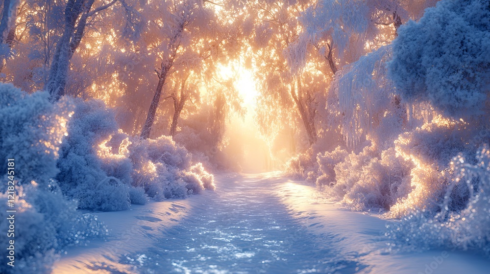 Fototapeta premium Sunlit path through a snow-covered winter forest at sunrise.