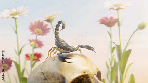 A scorpion rests atop a weathered skull, amidst a field of delicate flowers.A still life composition featuring a scorpion on a skull, surrounded by vibrant flowers.