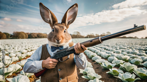 A surreal image of a rabbit in a vest, aiming a rifle in a vast cabbage field.A man with a rabbit head, dressed in a vest and bow tie, stands ready with a rifle in a cabbage field.
