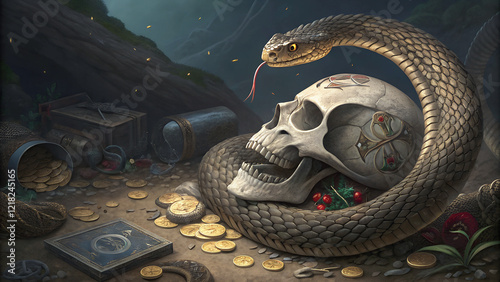 A serpent coils around a skull, amidst scattered gold coins and ancient artifacts.Hidden treasure, guarded by a watchful snake, rests beside a weathered skull.