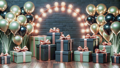 Stacked gift boxes in shades of green and black, accented by rose gold ribbons.Metallic balloons in gold and black, adding a touch of glamour to the gift-filled space.