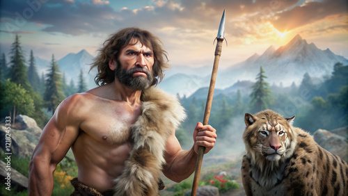 The prehistoric man, with a determined gaze, faces the dawn.A primal scene, a man and a saber-toothed tiger, caught in a moment of anticipation.