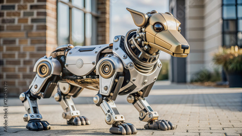 The robot dog stands on a paved surface, its metallic body gleaming.A mechanical dog, its form and function evident in its design.Modern robotic dog, with a blend of gold and silver tones.

