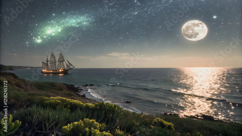 Starry expanse above a tranquil sea, with a historic ship gently gliding on the water.A majestic sailing vessel cuts through the inky night, illuminated by the moon's soft glow.
