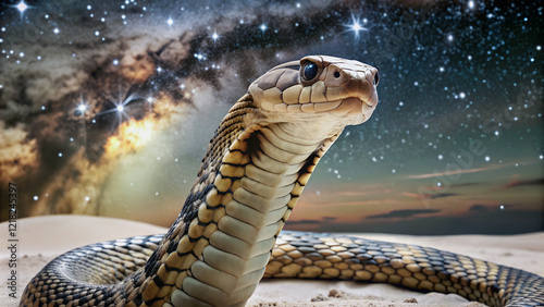 The snake's gaze pierces the cosmos, a celestial hunter amidst the stars.The snake's head is raised, its eyes fixed on the distant stars, a creature of the night.