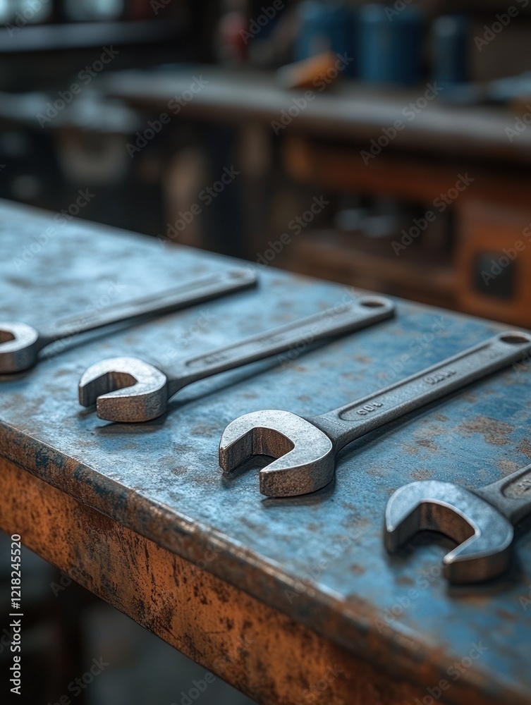 Four wrenches neatly arranged on a worn workbench in a workshop.