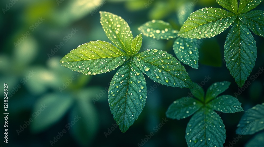Dew drops on lush green leaves in sunlight. Dew drops on lush green leaves in sunlight.