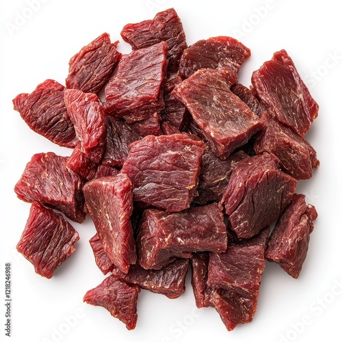 Close-up of Delicious Beef Jerky Pieces on White Background. photo