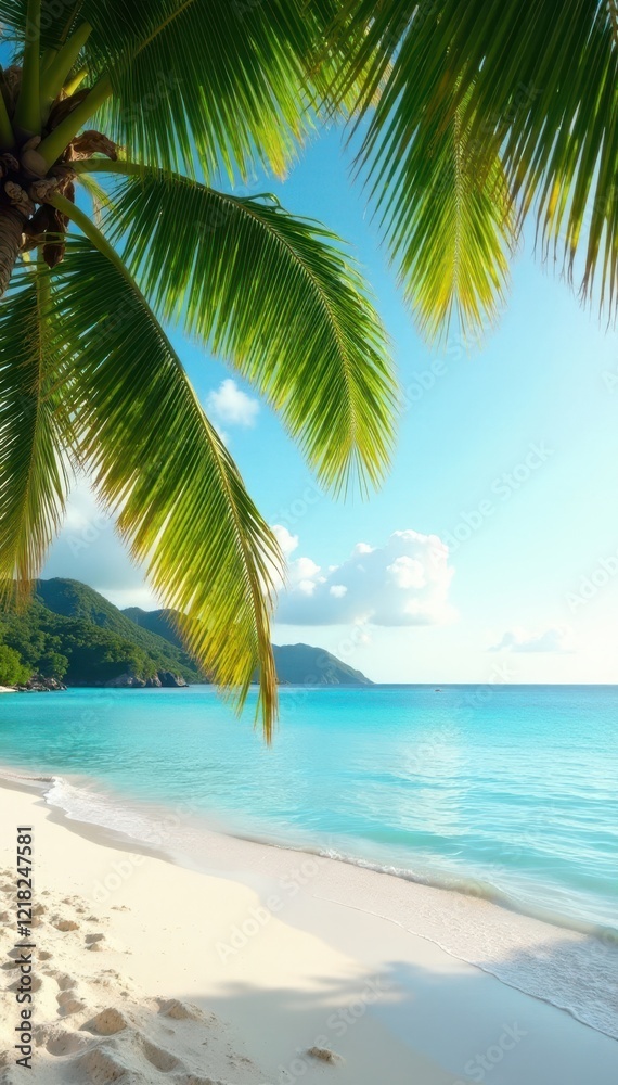Palm fronds swaying gently in the breeze on a deserted island, natural beauty, peaceful atmosphere Palm fronds swaying gently in the breeze on a deserted island, natural beauty, peaceful atmosphere