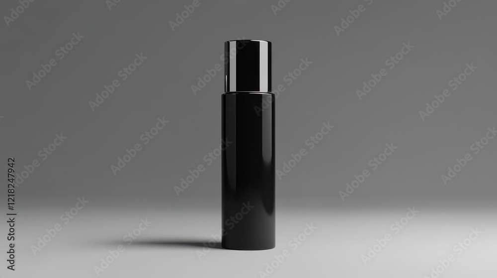 Sleek and Modern Black Bottle with Glossy Finish, Ideal for Perfume or Cosmetic Products, Set Against a Simple Gray Background for an Elegant Presentation Sleek and Modern Black Bottle with Glossy Finish, Ideal for Perfume or Cosmetic Products, Set Against a Simple Gray Background for an Elegant Presentation