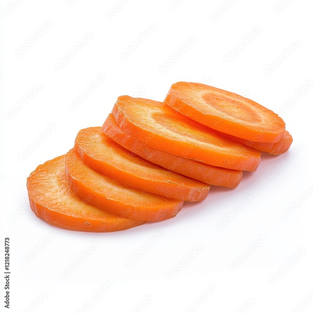 Slices of fresh, vibrant orange carrots arranged in a visually appealing stack against a clean white background. Slices of fresh, vibrant orange carrots arranged in a visually appealing stack against a clean white background.