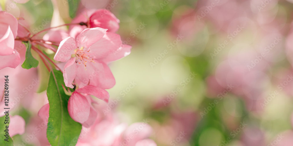 Obraz premium Beautiful apple tree branch at sunlight, spring blooming pink red flowers on blurred background, wide banner with copy space. Aesthetic nature scenic photo, close up fresh blooms at daylight