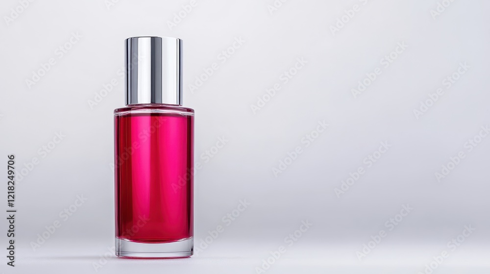 Elegant Red Perfume Bottle with Silver Cap Isolated on a Soft Gray Background, Ideal for Beauty and Fashion Product Advertising and Marketing Concepts Elegant Red Perfume Bottle with Silver Cap Isolated on a Soft Gray Background, Ideal for Beauty and Fashion Product Advertising and Marketing Concepts