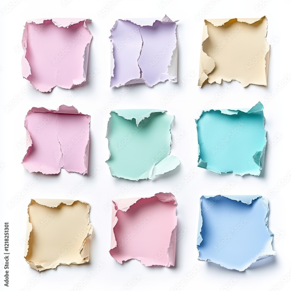 Fototapeta premium Nine Pastel Torn Paper Squares Isolated on White Background.