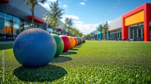 Colorful dodgeballs in a row on artificial turf outdoors.