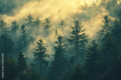 Whispering pine trees shrouded in a soft, hazy fog, with the gentle light of dawn filtering through