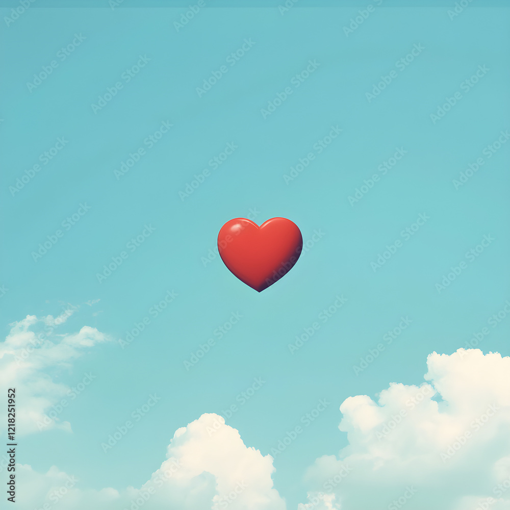 A glowing red heart floating in a clear blue sky A glowing red heart floating in a clear blue sky