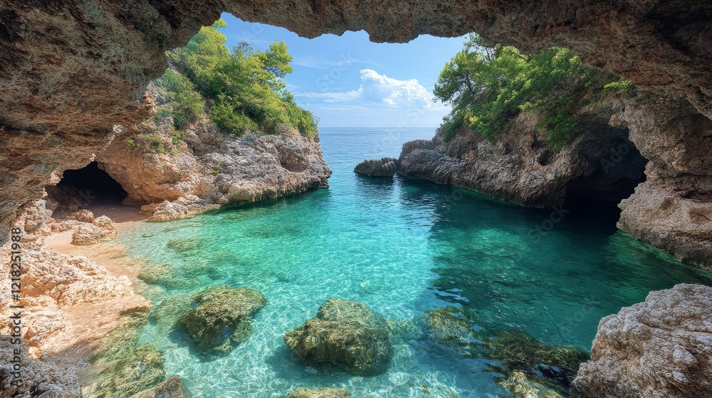 Serene Secluded Cove with Stunning Rock Formations Along the Coastline Serene Secluded Cove with Stunning Rock Formations Along the Coastline