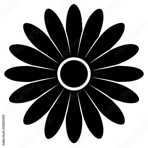 Silhouette of a daisy with rounded petals centered on a white canvas
